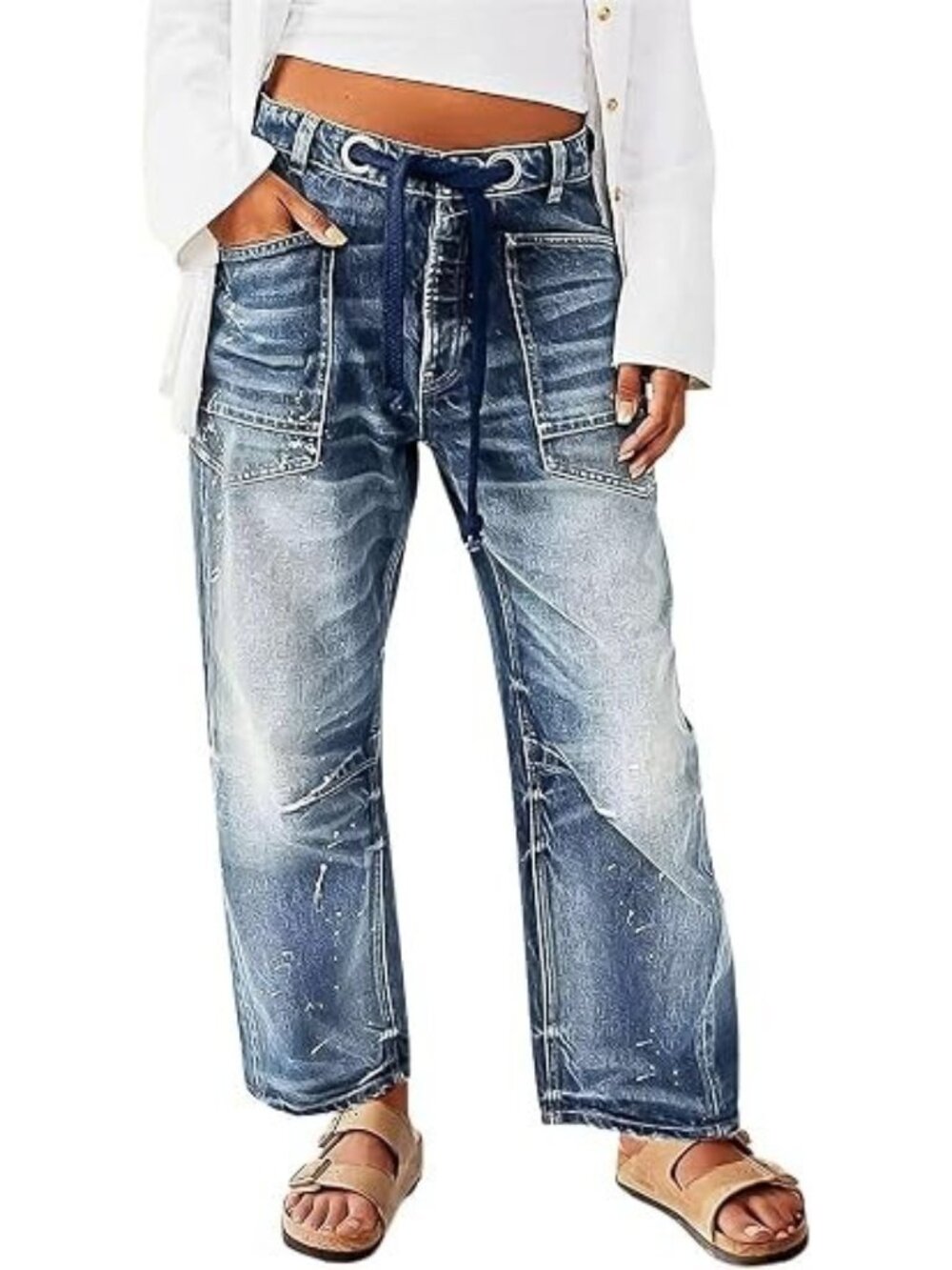 Flamingals Wide Leg Crop Baggy Barrel Jeans Sz Small Drawstring Grommet New